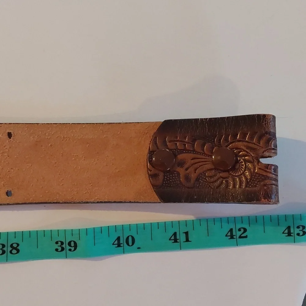 Vintage Mens Brown Hand tooled Premium leather Floral style Dress Belt Sz.38